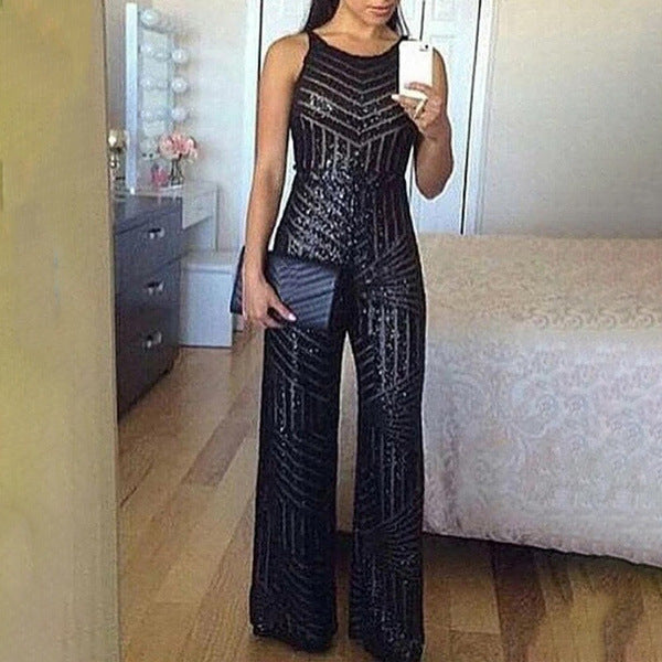 Black & a Hint Sequin Sequin Sleeveless Wide Leg Pants