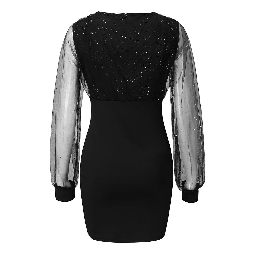 Black & a Hint Mesh V-Neck Sequin Dress