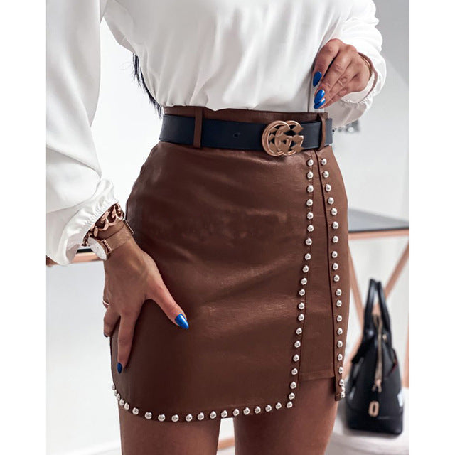 Black & a Hint Elegant Rivets Fashion PU Leather Skirt