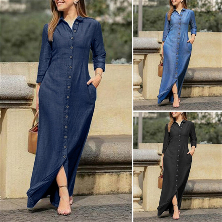 Sensational Shirt Collar Denim Maxi Dress