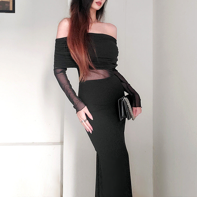 Black & a Hint Off-the-shoulder Pleated Long Sleeve Dress