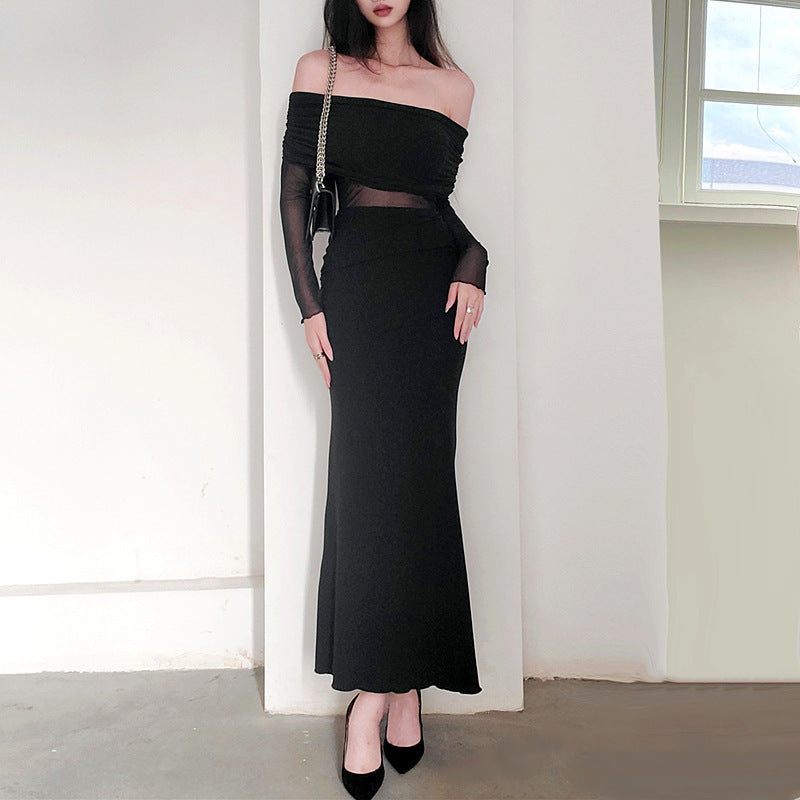 Black & a Hint Off-the-shoulder Pleated Long Sleeve Dress