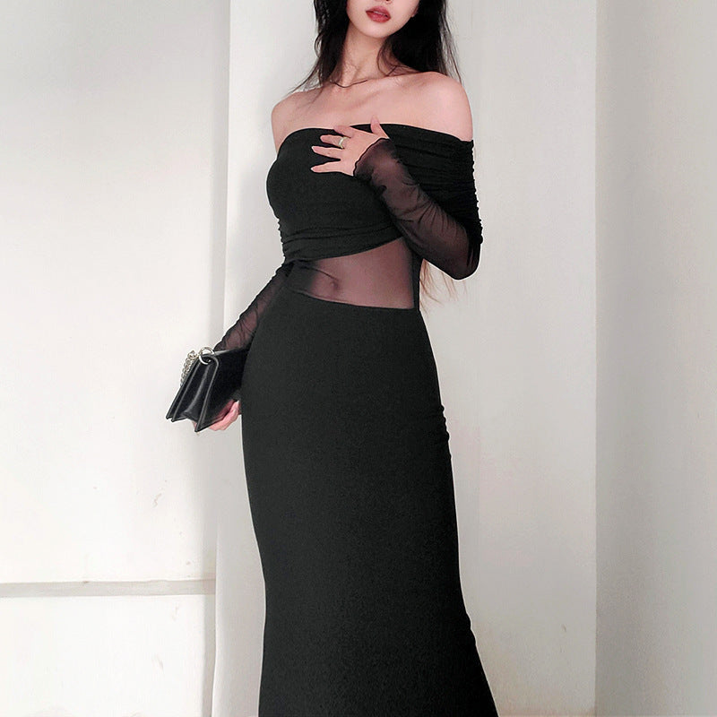 Black & a Hint Off-the-shoulder Pleated Long Sleeve Dress