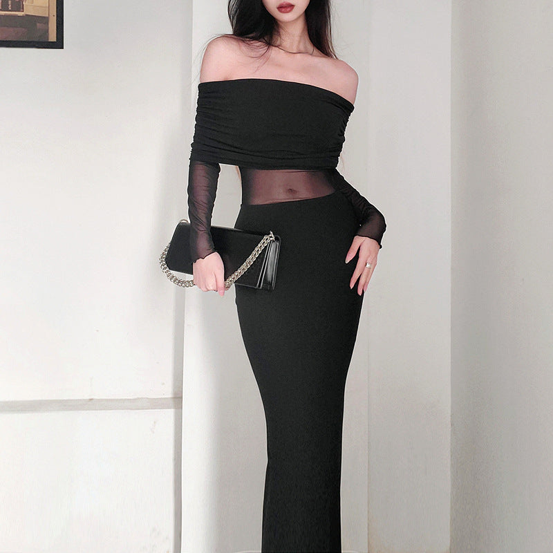 Black & a Hint Off-the-shoulder Pleated Long Sleeve Dress