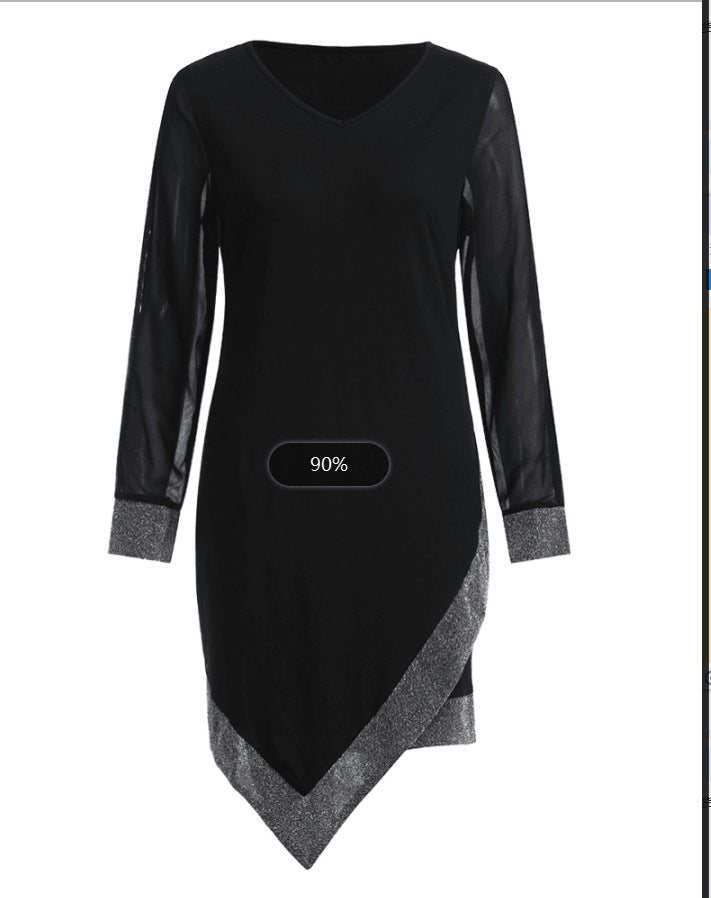 Black & a Hint Silk Hollow-out Sleeve Stitching Dress