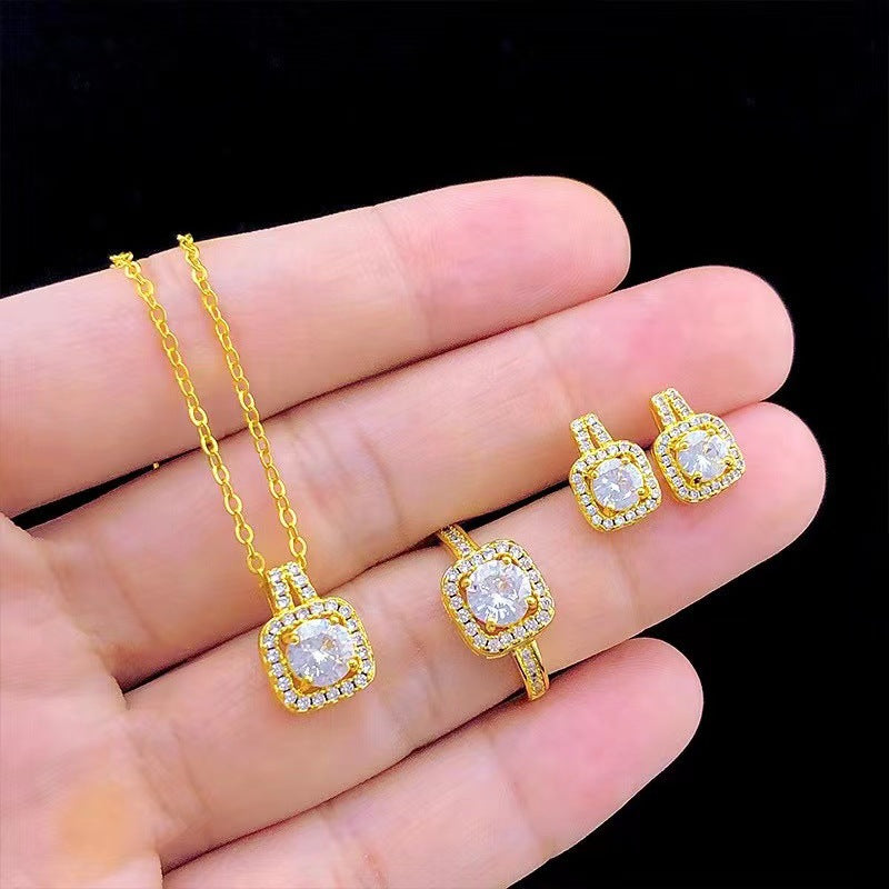 Statement Lady Fashion Jewelry Set Zircon Gem Pendant Chain Choker Necklace For Women Gold Color Stud Earring Statement Wedding Ring