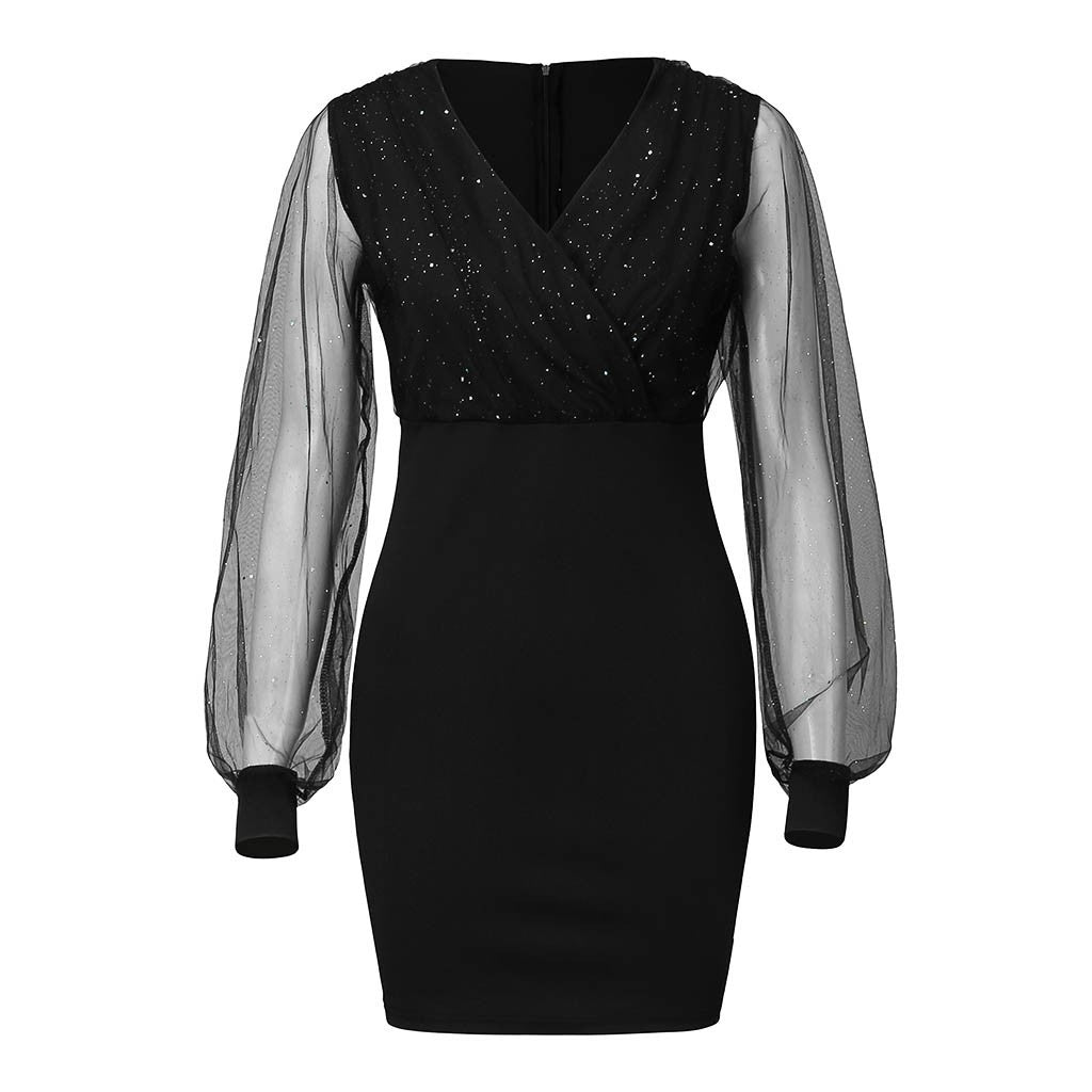 Black & a Hint Mesh V-Neck Sequin Dress