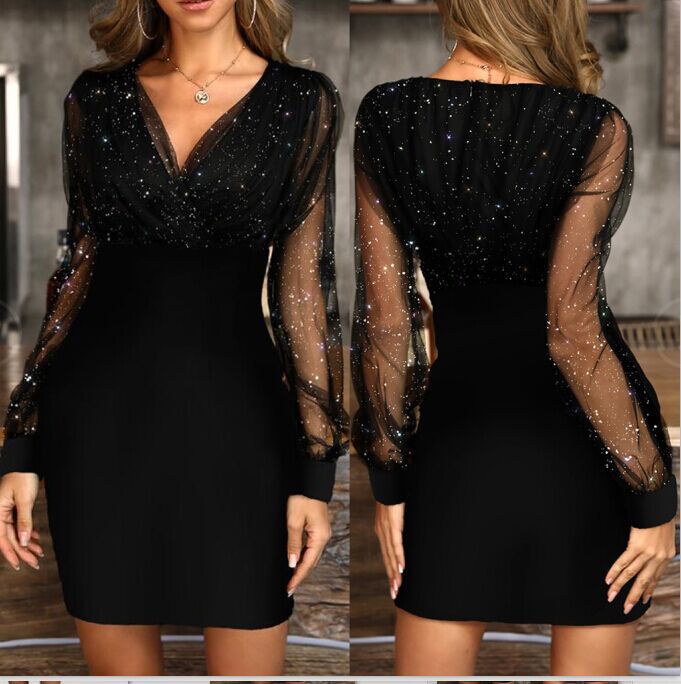 Black & a Hint Mesh V-Neck Sequin Dress