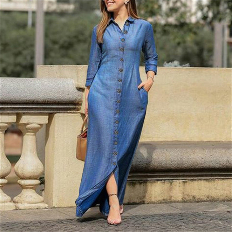 Sensational Shirt Collar Denim Maxi Dress