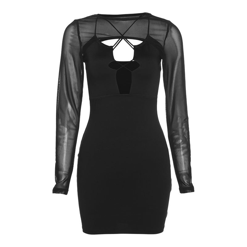 Black & a Hint Black Mesh Cross Mini Dress