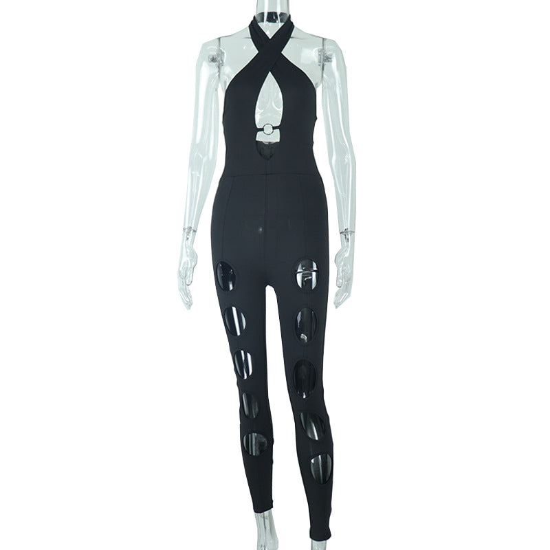 Black & a Hint Solid Cross Cut Out Jumpsuit Street Trendy Hip Lifting Skinny One Piece Pants