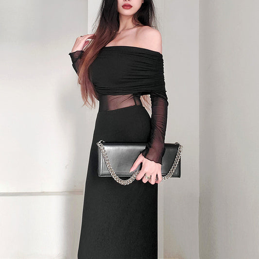 Black & a Hint Off-the-shoulder Pleated Long Sleeve Dress