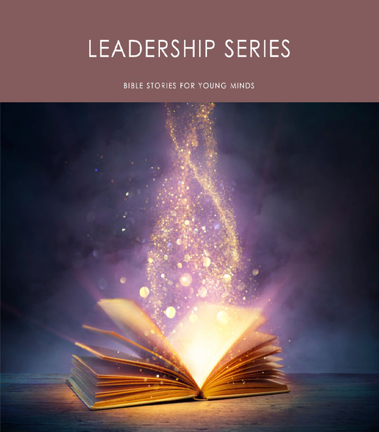 Leadership Series, Bible Stories for Young Minds, book opening with star dust sprinkling upward.