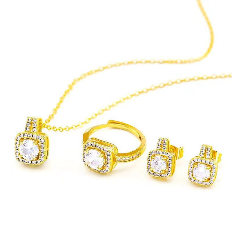 Statement Lady Fashion Jewelry Set Zircon Gem Pendant Chain Choker Necklace For Women Gold Color Stud Earring Statement Wedding Ring