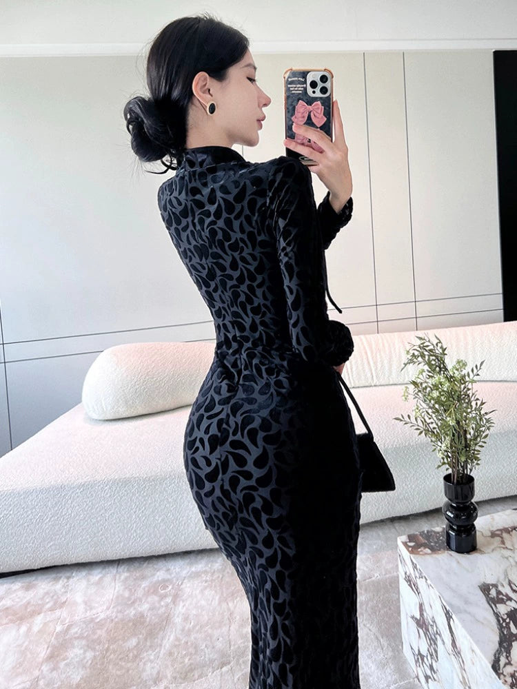 Black & a Hint Embossed Black Long Sleeve Dress