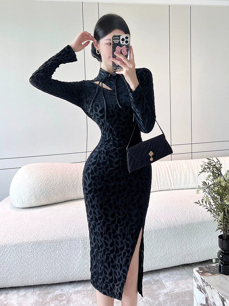 Black & a Hint Embossed Black Long Sleeve Dress