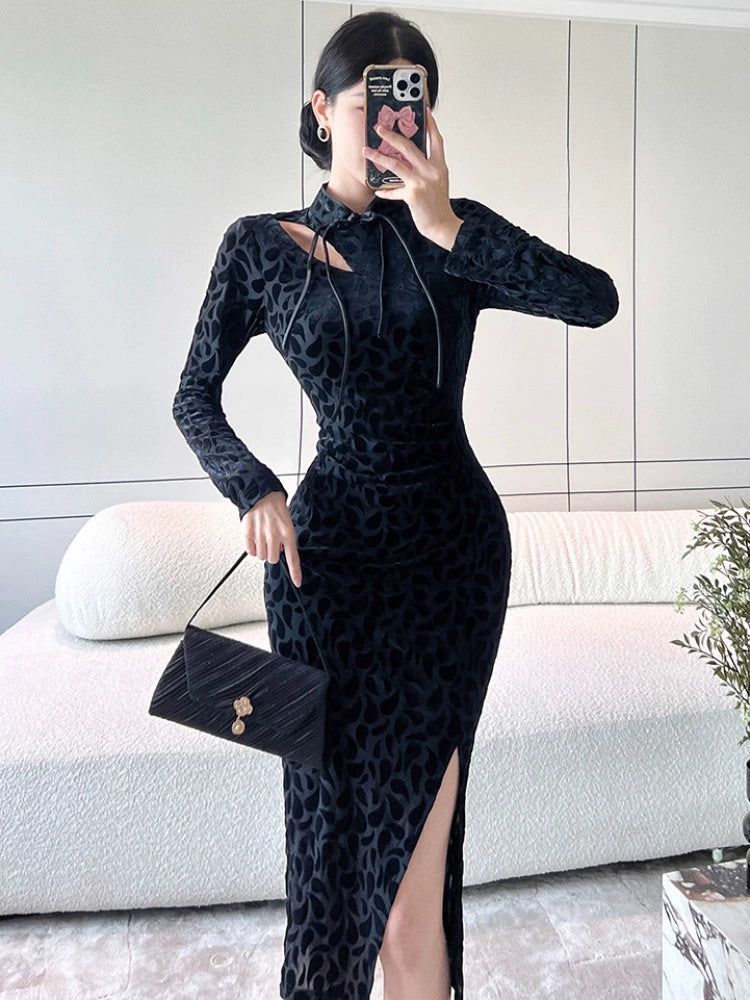 Black & a Hint Embossed Black Long Sleeve Dress