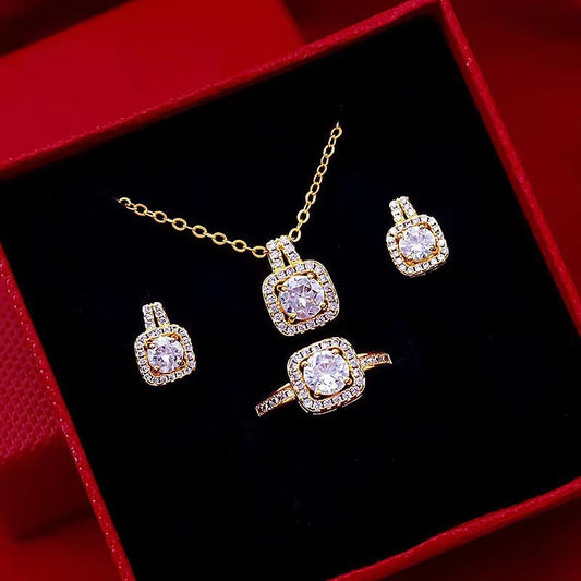 Statement Lady Fashion Jewelry Set Zircon Gem Pendant Chain Choker Necklace For Women Gold Color Stud Earring Statement Wedding Ring