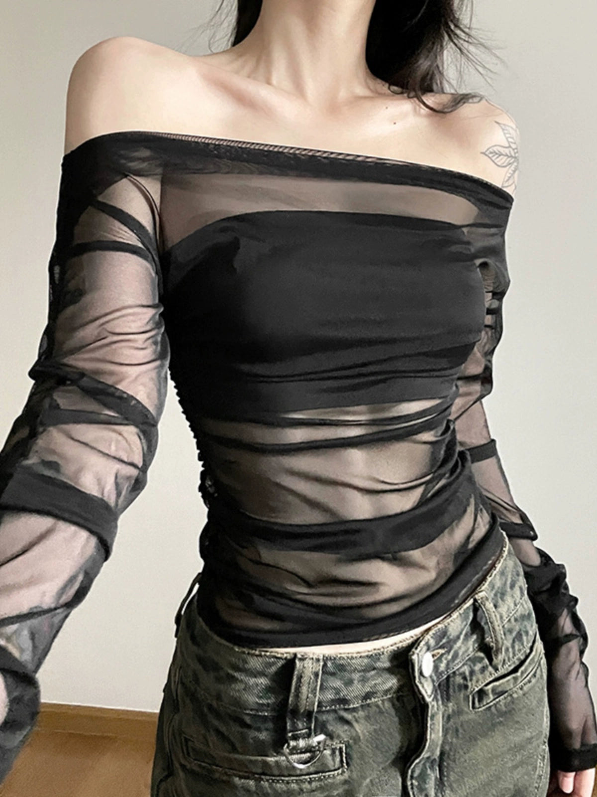 Black & a Hint Off-Shoulder Double Layer Sheer Mesh Top