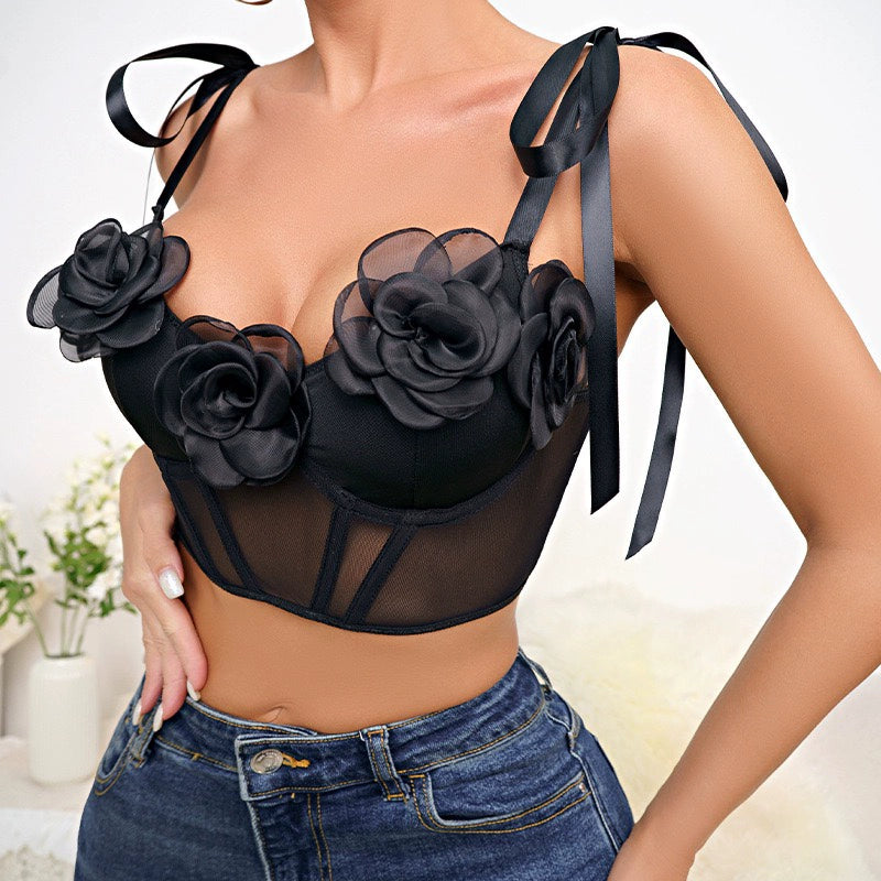 Black & a Hint Three-Dimensional Flower Low-Cut Camisole