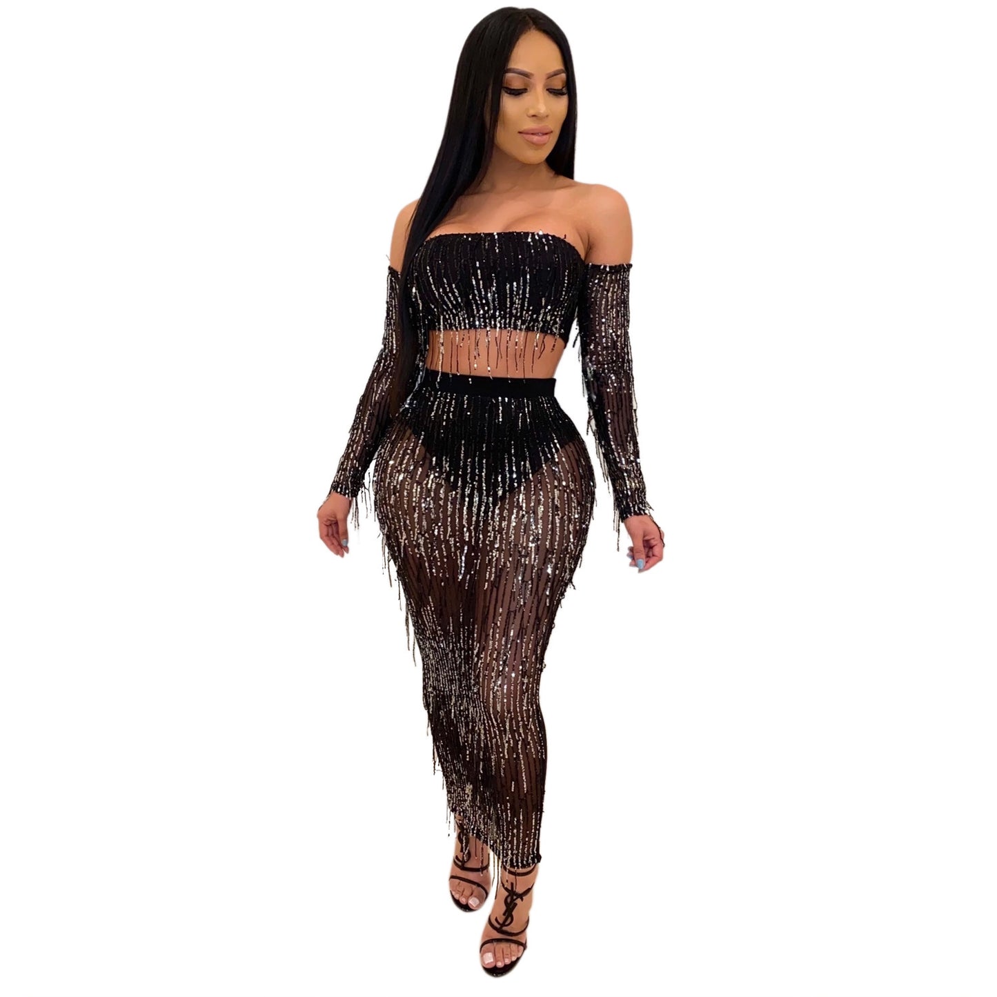 Succulence Collection See-through Mesh Sequins Tassel Two-piece Set