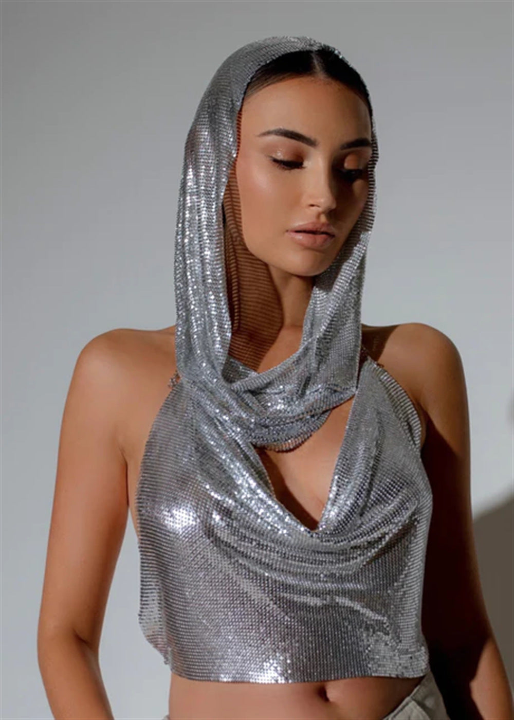 Succulence Collections Back Slit Sequins Top Scarf Two-piece Set