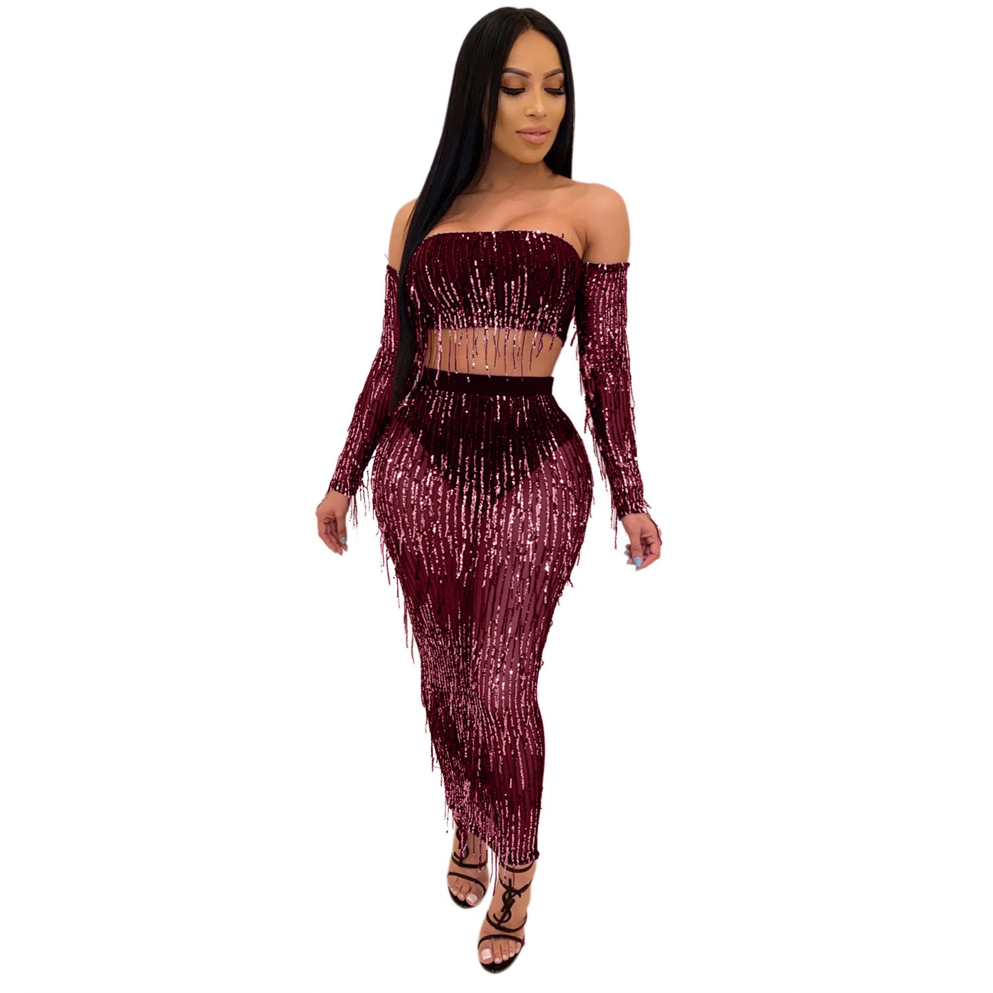 Succulence Collection See-through Mesh Sequins Tassel Two-piece Set