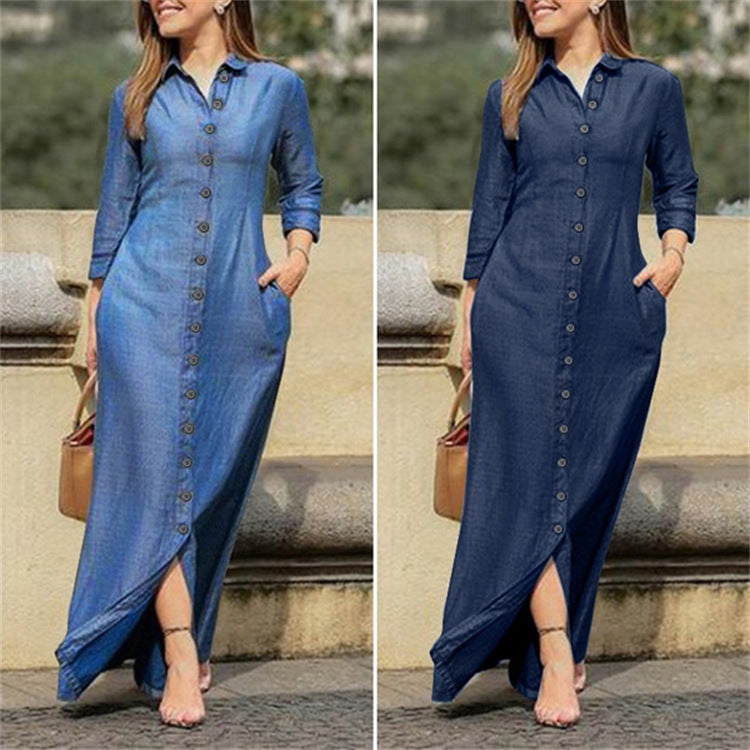 Sensational Shirt Collar Denim Maxi Dress