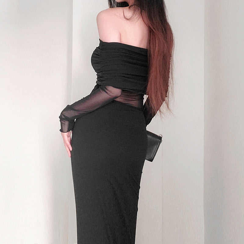 Black & a Hint Off-the-shoulder Pleated Long Sleeve Dress