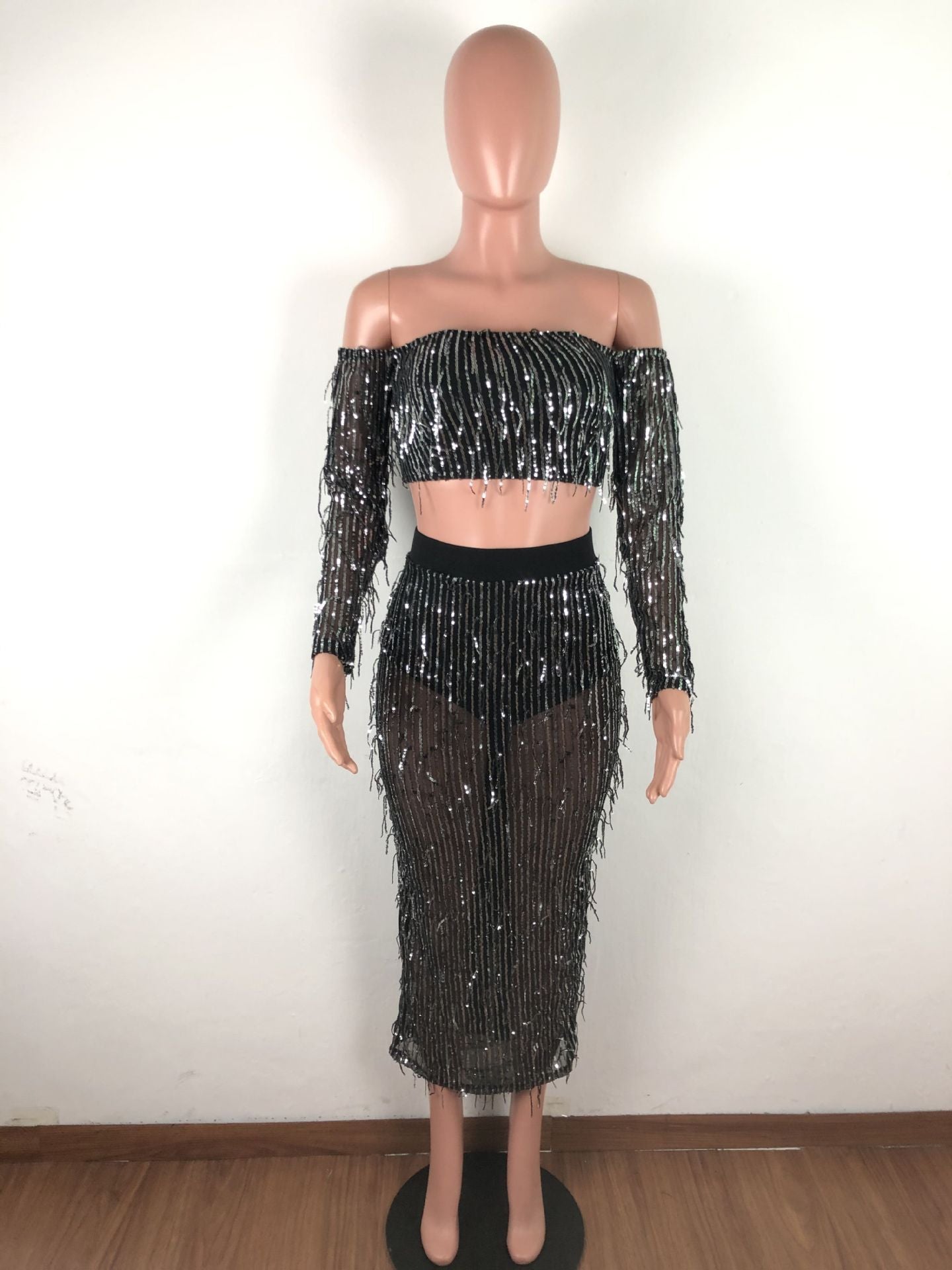 Succulence Collection See-through Mesh Sequins Tassel Two-piece Set