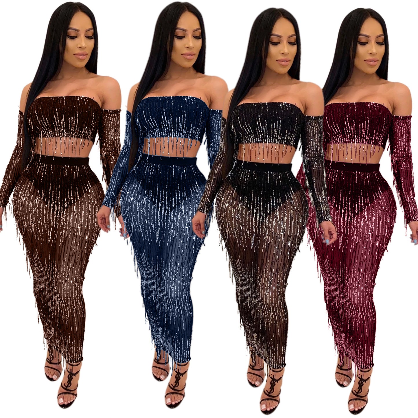 Succulence Collection See-through Mesh Sequins Tassel Two-piece Set