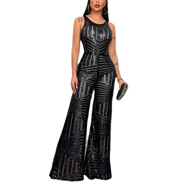 Black & a Hint Sequin Sequin Sleeveless Wide Leg Pants