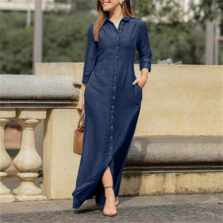 Sensational Shirt Collar Denim Maxi Dress