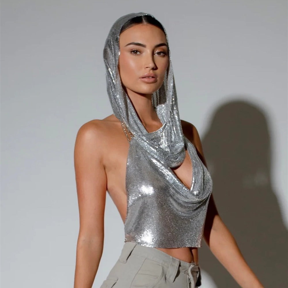 Succulence Collections Back Slit Sequins Top Scarf Two-piece Set