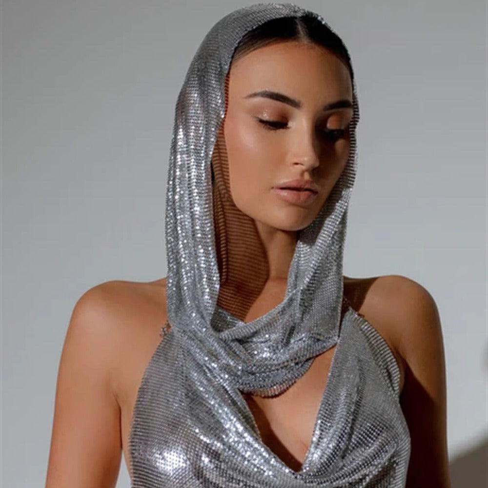 Succulence Collections Back Slit Sequins Top Scarf Two-piece Set