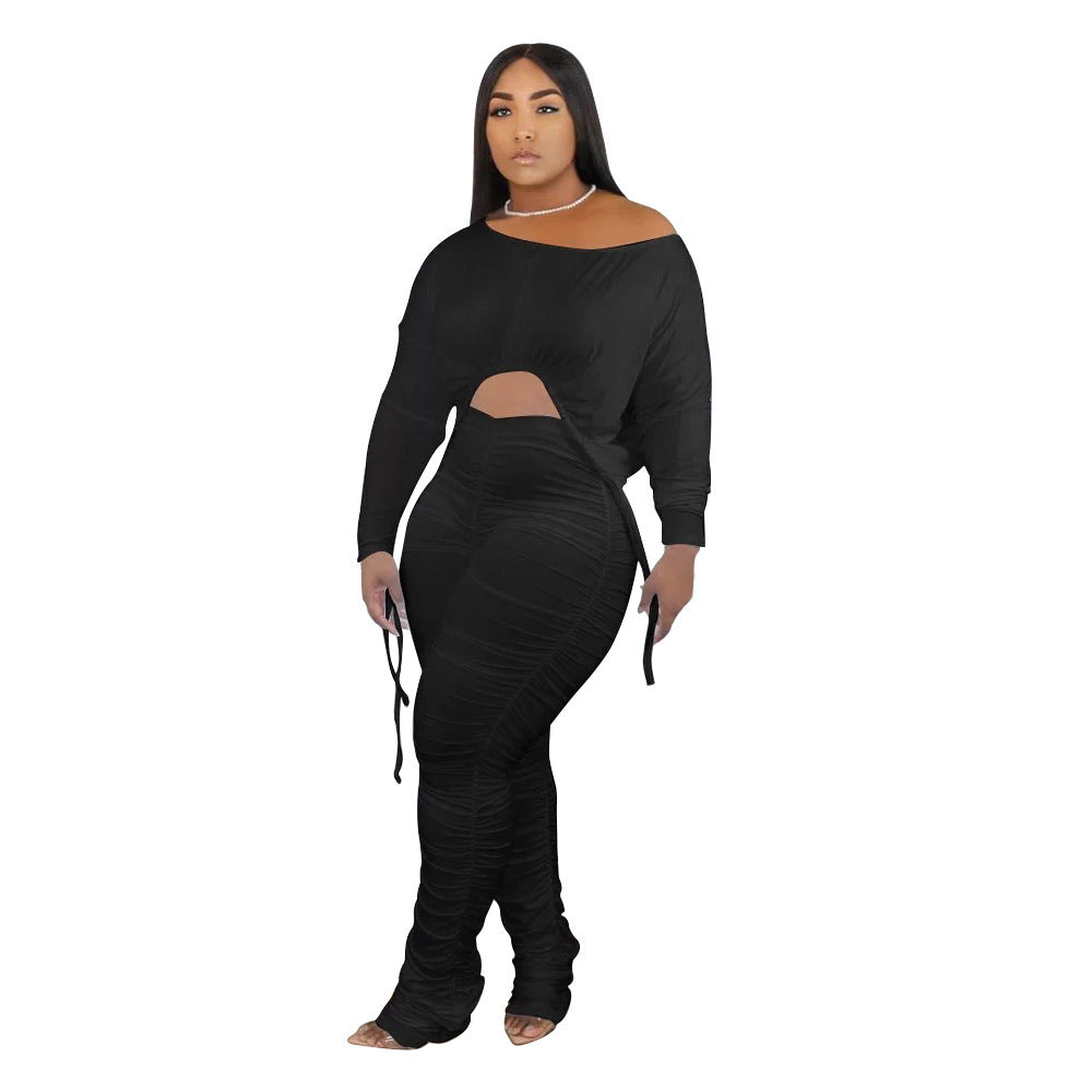 Sensational Essentials Pleated Drawstring Long Sleeve Trouser Suit