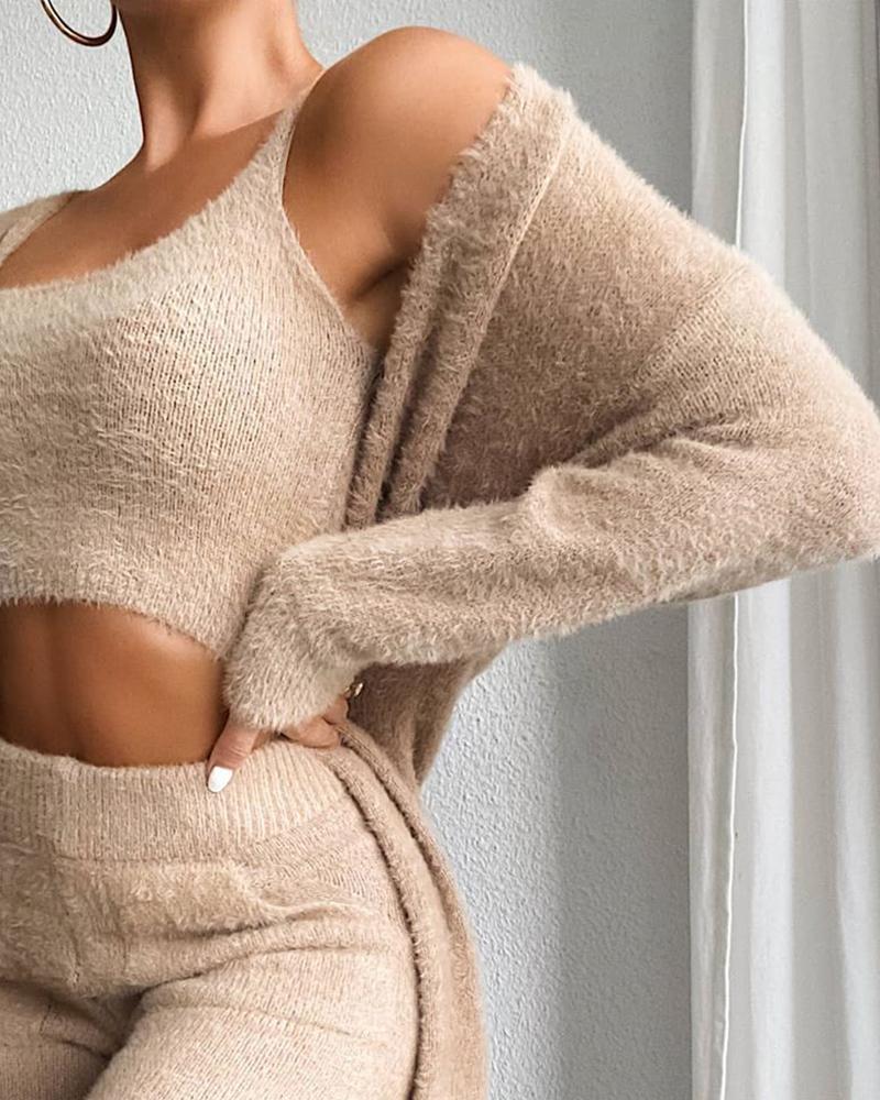 Sensational Essentials Solid Fluffy Crop Top-Skinny Pants & Longline Coat Set