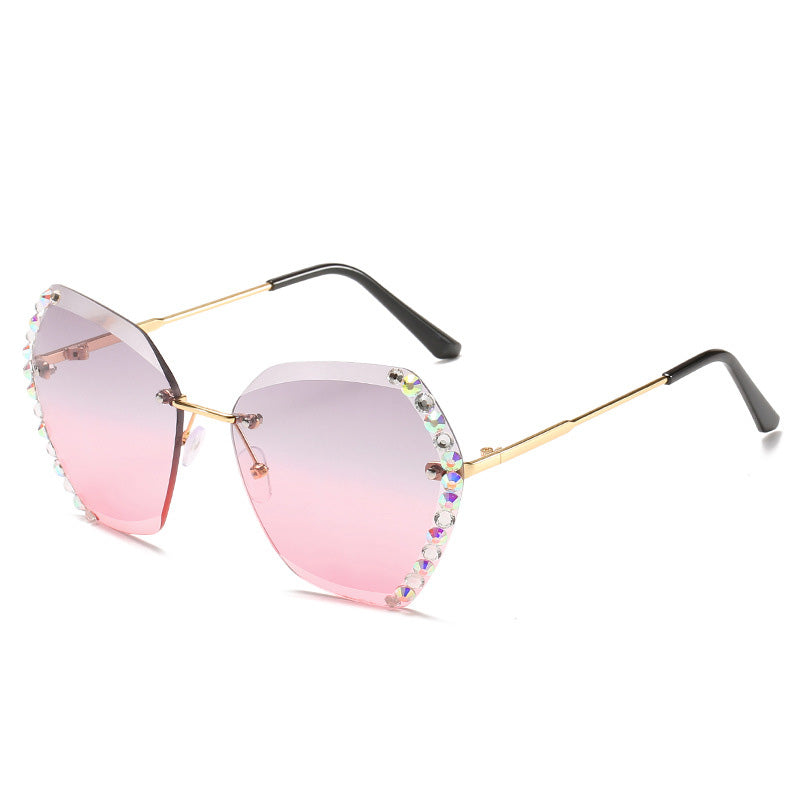 Spectacles On Rimless Diamond-Studded Polygonal Sunglasses