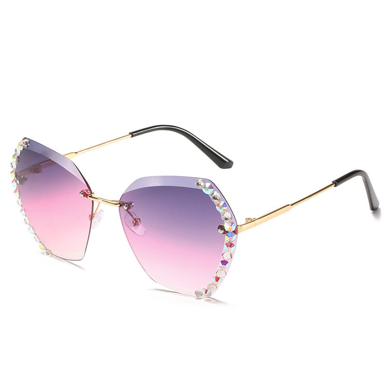 Spectacles On Rimless Diamond-Studded Polygonal Sunglasses