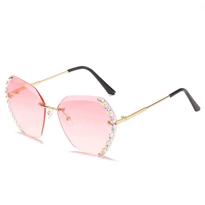 Spectacles On Rimless Diamond-Studded Polygonal Sunglasses