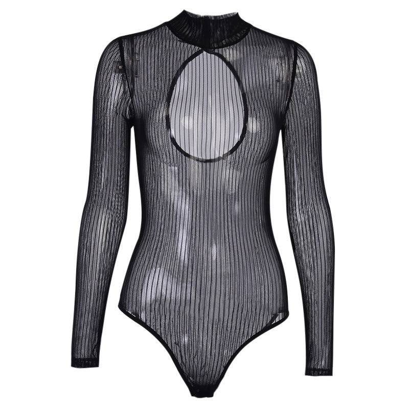 Black & a Hint See-Through Striped Mesh Bodysuit