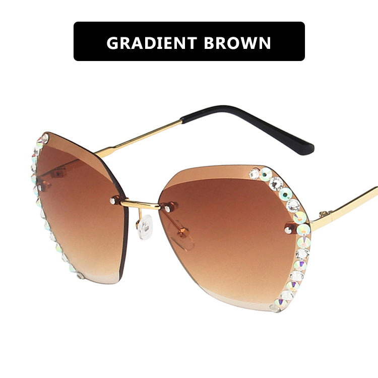 Spectacles On Rimless Diamond-Studded Polygonal Sunglasses