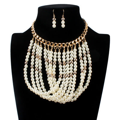 Statement Lady Rope Multi-Layered Pearl Necklace & Earring Set