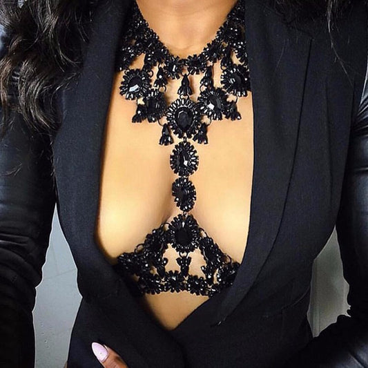 Fair skinned chest in black blazer showing Shiny Rhinestone Luxury Chest Waist Chain Pendant Necklaces, Black