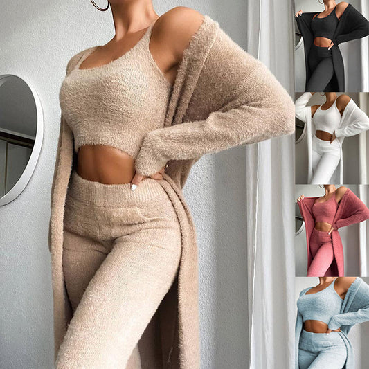 Sensational Essentials Solid Fluffy Crop Top-Skinny Pants & Longline Coat Set