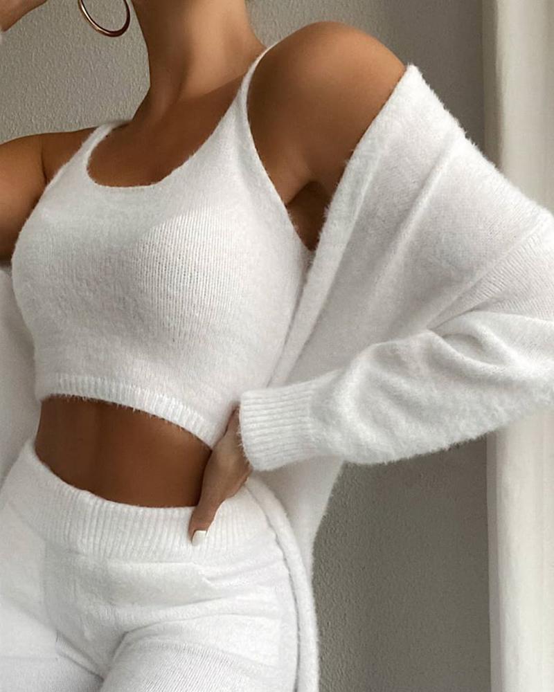 Sensational Essentials Solid Fluffy Crop Top-Skinny Pants & Longline Coat Set