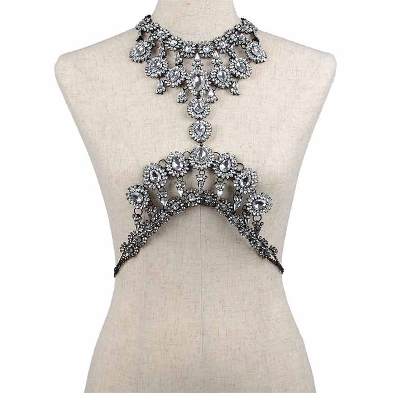 Shiny Rhinestone Luxury Chest Waist Chain Pendant Necklaces, white