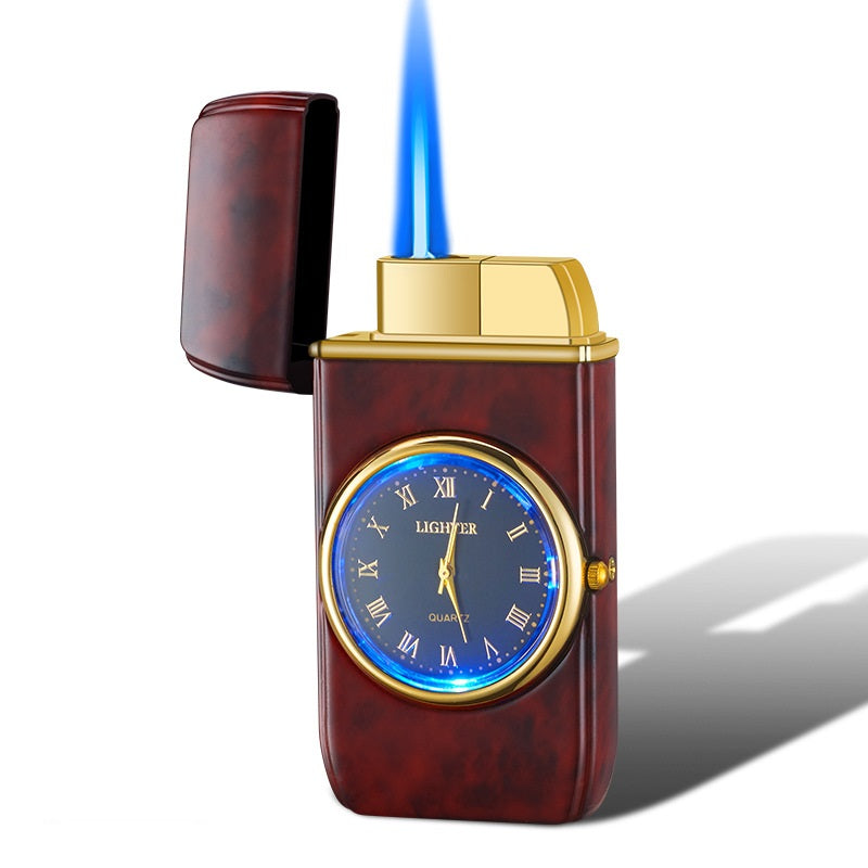 Electronic roman numeral Watch on front & Lighter-in-one, mahogany with gold and blue face