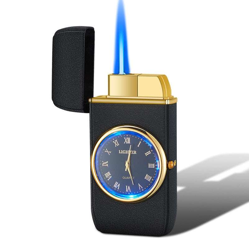 Electronic roman numeral Watch on front & Lighter-in-one, black with gold and blue face