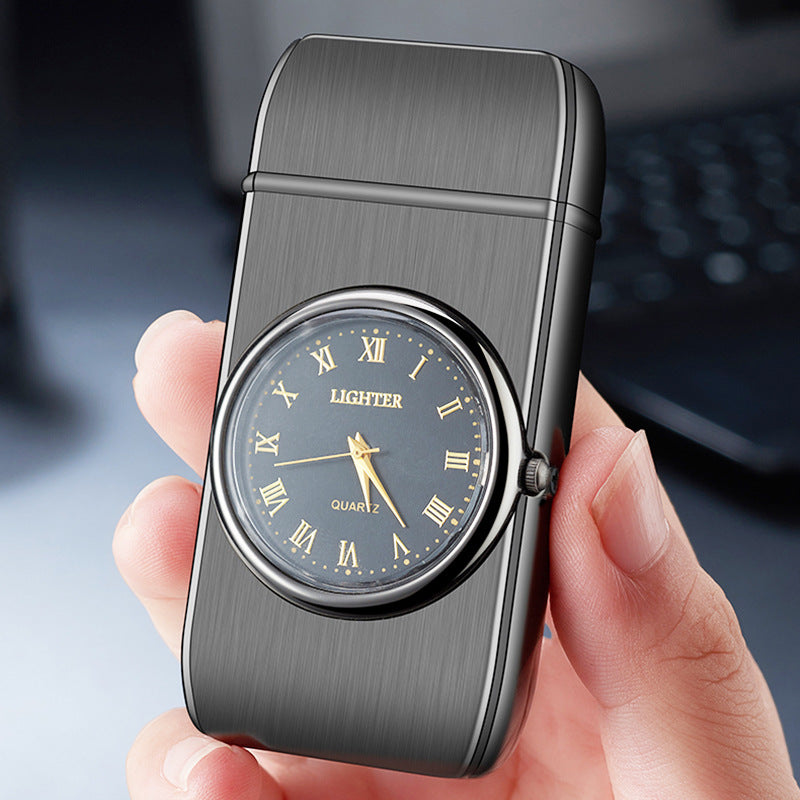 Electronic roman numeral Watch on front & Lighter-in-one, black with black round and blue face